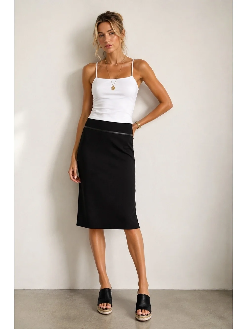 Vintage Bebe Black Pencil Skirt Leather trimUSA Made | Size 2